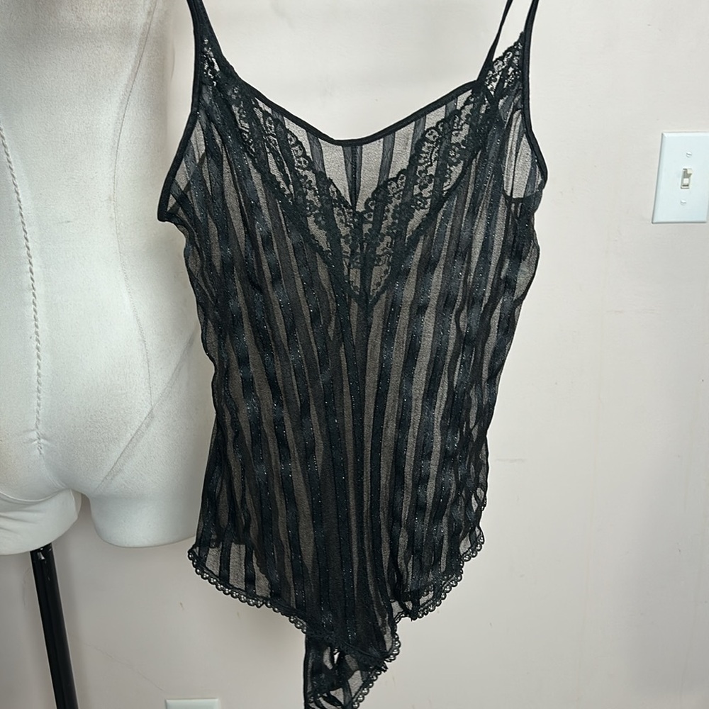Vintage Sears sheer satin black slip teddy chemise on bodysuit size small
